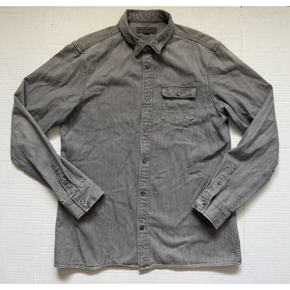 Mens AllSaints Long Sleeve Pearl Snap Denim Shirt Washed Western Gray Size L